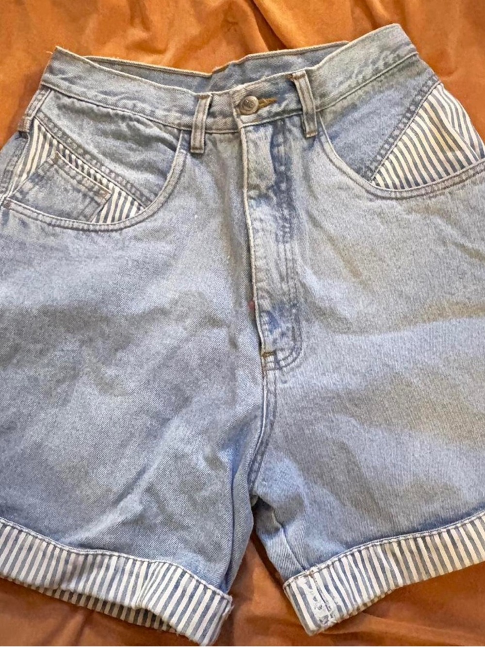 Light Wash Denim High-Waist Shorts with Striped Trim